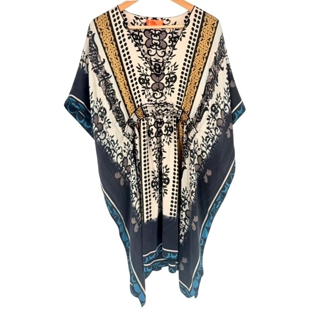 Hale Bob Silk Blend Kaftan Tunic Mini Kimono Boho Print Cream Gold Ethereal S